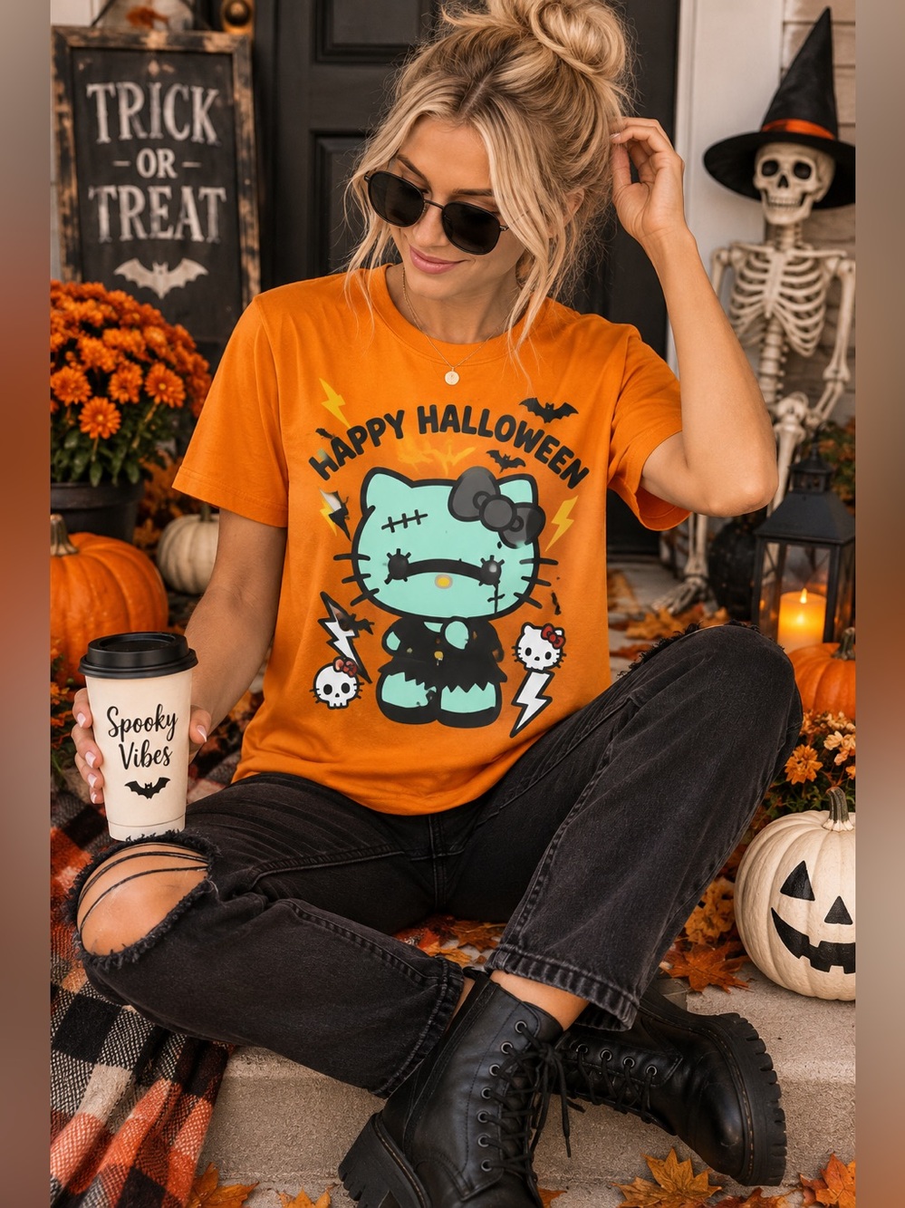 Hello Kitty Frankenstein Halloween T Shirt Orange Sanrio Graphic Tee